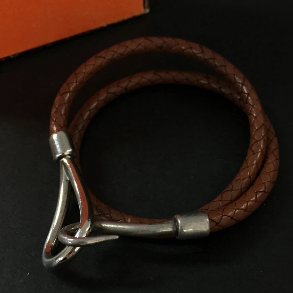 Hermes Braided Brown Leather Double Wrap Jumbo Hook Bracelet 💫